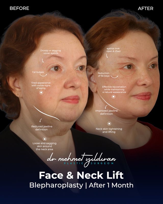 face and neck lift and blepharoplasty results after 1 month by Dr. Mehmet Yildiran